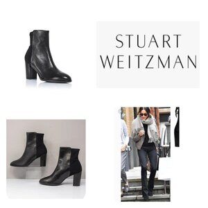 Stuart Weitzman Harper 80 Black Leather Booties Size 7.5 M